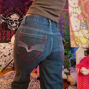 Chams dark blue jeans with red and white details